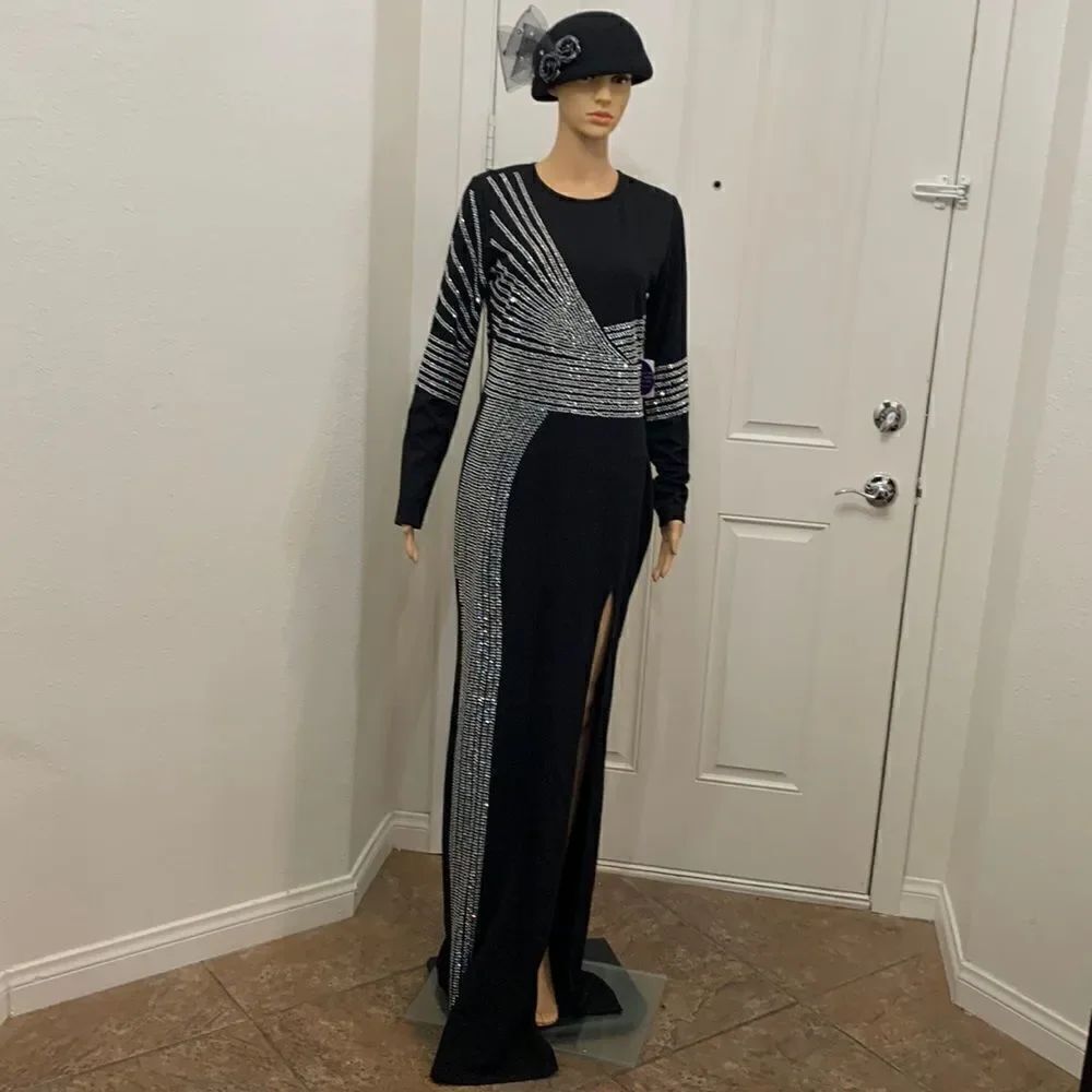 Windsor Size Medium Scoop Neck Black Diamond Studded Maxi Side Slit Dress New